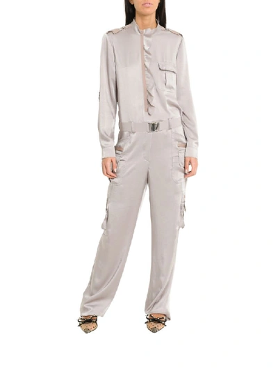 Shop Red Valentino Fluid Satin Cargo Style Jumpsuit With Ruffle In Grigio