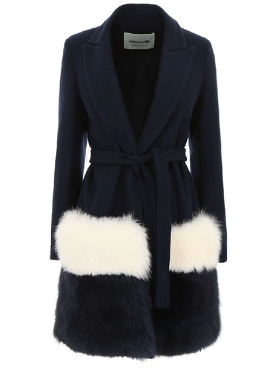 Shop Ava Adore Coat With Fox Fur In Blu Bianco (blue)