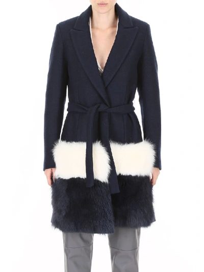 Shop Ava Adore Coat With Fox Fur In Blu Bianco (blue)