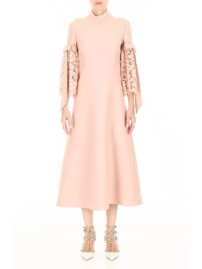 Shop Valentino Midi Dress With Lace In Rose Mist (pink)