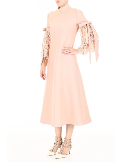 Shop Valentino Midi Dress With Lace In Rose Mist (pink)