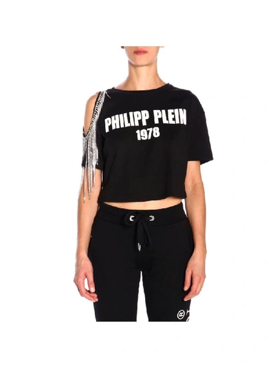Shop Philipp Plein Cropped T-shirt With Short Sleeves With Fringes And Logo In Black