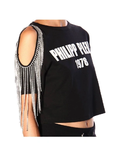 Shop Philipp Plein Cropped T-shirt With Short Sleeves With Fringes And Logo In Black