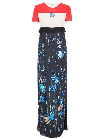 Shop Prada Long Embroidered Chiffon Dress In Rosso Avorio Navy (pink)