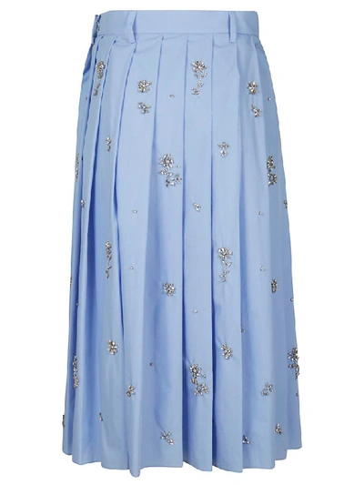 Shop Prada Embellished Pleated Skirt In Light Blue