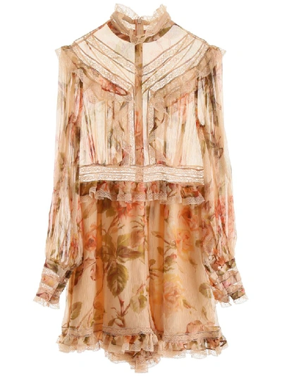 Shop Zimmermann Short Silk Jumpsuit In Autumn Rose (beige)