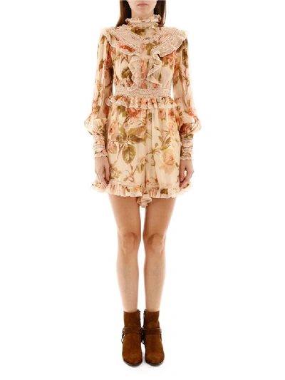 Shop Zimmermann Short Silk Jumpsuit In Autumn Rose (beige)