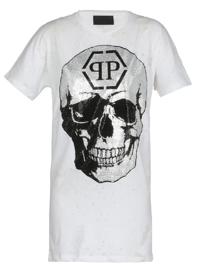 Shop Philipp Plein Dress With Skull In White