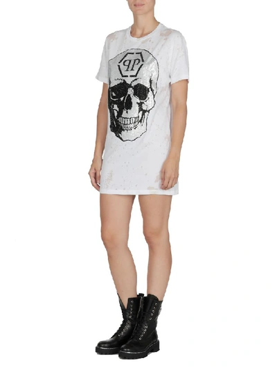 Shop Philipp Plein Dress With Skull In White