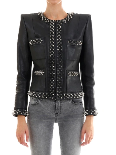Shop Balmain Leather Jacket With Studs In Black
