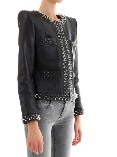Shop Balmain Leather Jacket With Studs In Black
