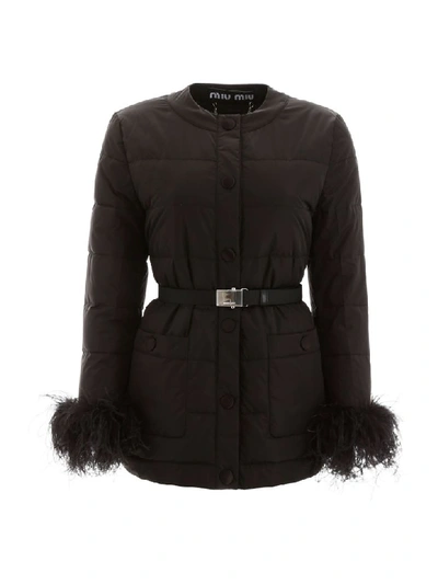 Shop Miu Miu Puffer Jacket With Ostrich Feathers In Nero (black)