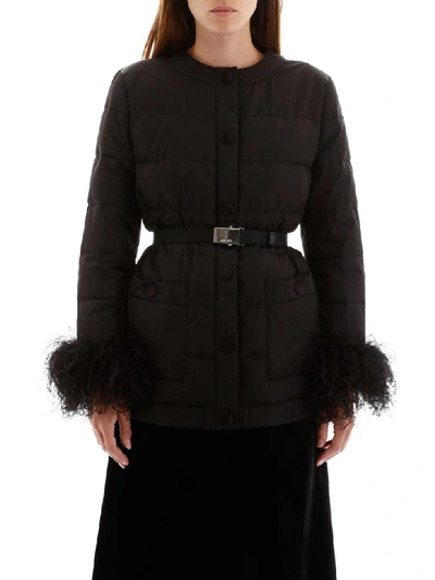Shop Miu Miu Puffer Jacket With Ostrich Feathers In Nero (black)