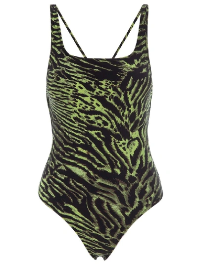 Shop Ganni Tiger Print Swimwear String Swimsuit In Black + Lime Tiger Print
