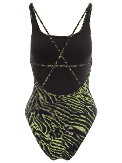 Shop Ganni Tiger Print Swimwear String Swimsuit In Black + Lime Tiger Print