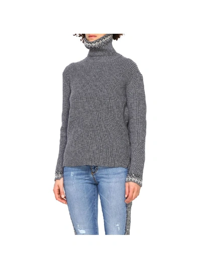 Shop Ermanno Scervino Turtleneck Sweater With Long Sleeves And Bright Inserts In Grey