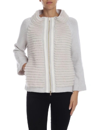 Shop Herno Cardigan With Mink Detail In Ghiaccio