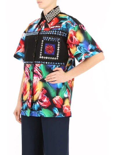 Shop Miu Miu Floral Stretch Denim Shirt In Nero (black)