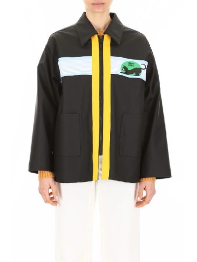 Shop Miu Miu Waxed Raincoat With Logo In Nero (black)