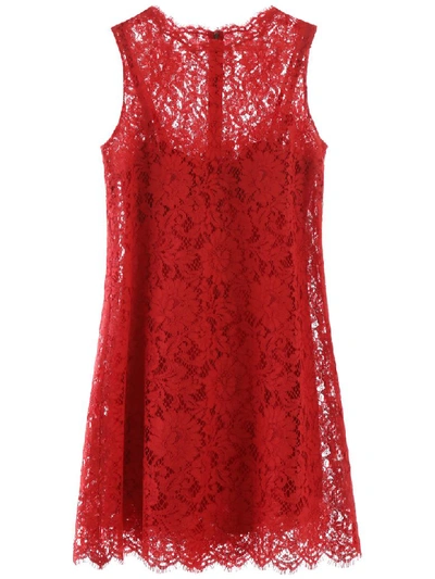 Shop Dolce & Gabbana Lace Mini Dress In Rosso Brillante (red)