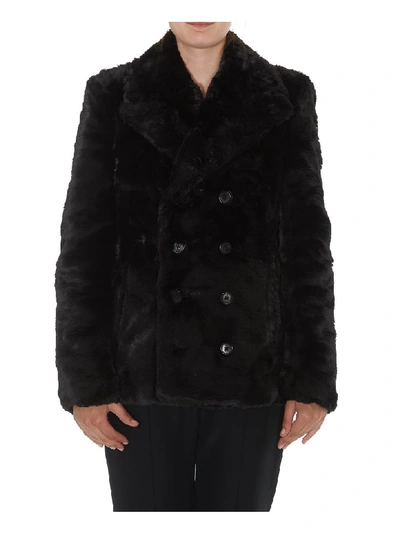 Shop Saint Laurent Faux Fur Pea Coat In Black