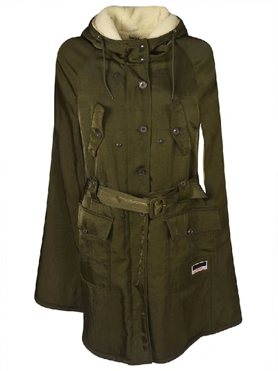 Shop Miu Miu Belted Detail Hooded Cape In Military Green