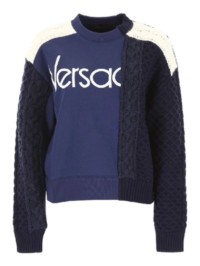 Shop Versace Knit And Jersey Top In Blu Scuro (blue)