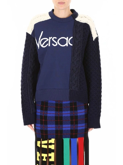 Shop Versace Knit And Jersey Top In Blu Scuro (blue)