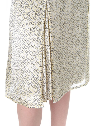 Shop Burberry Pale Yellow Monogram Print Silk Pleated Skirt