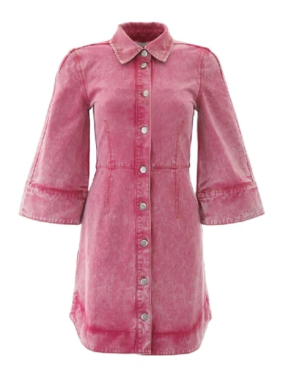 Shop Ganni Washed Denim Dress In Fuchsia Red (pink)