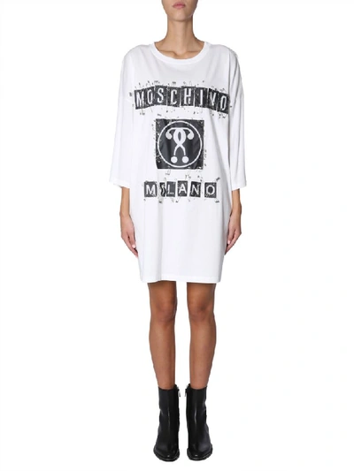 Shop Moschino Oversize Fit Dress With Logo In Bianco