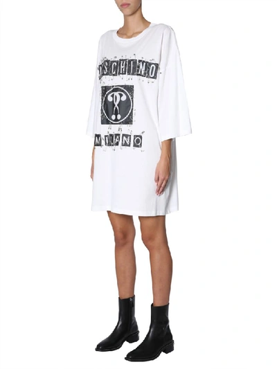 Shop Moschino Oversize Fit Dress With Logo In Bianco