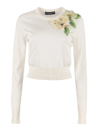 Shop Dolce & Gabbana Embroidered Crew-neck Sweater In Panna