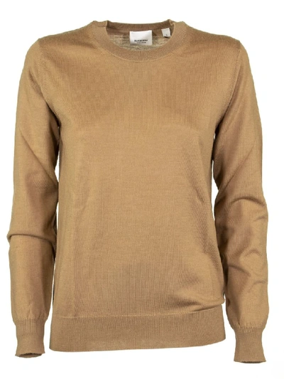 Shop Burberry Vintage Check Detail Merino Wool Sweater In Camel