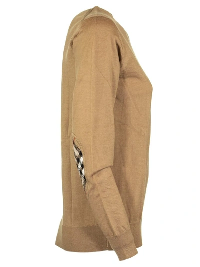 Shop Burberry Vintage Check Detail Merino Wool Sweater In Camel