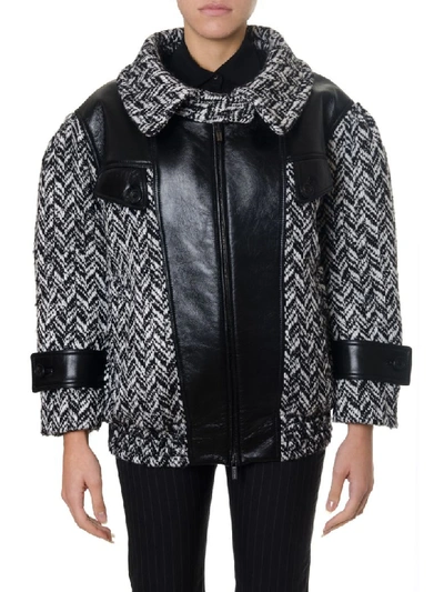 Shop Miu Miu Wool Blend Bomber Jacket With Leather Inserts In Black/white