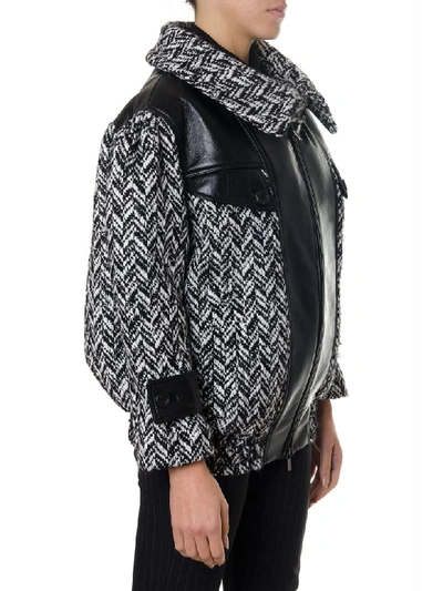 Shop Miu Miu Wool Blend Bomber Jacket With Leather Inserts In Black/white