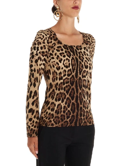 Dolce & Gabbana Leopard Print Silk Blend Long Sleeve Top In Animal Print