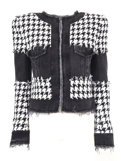 Shop Balmain Black And White Tweed And Denim Suit Jacket In Bianco+nero