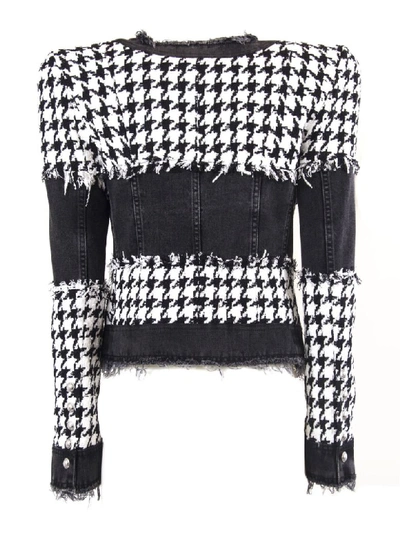 Shop Balmain Black And White Tweed And Denim Suit Jacket In Bianco+nero