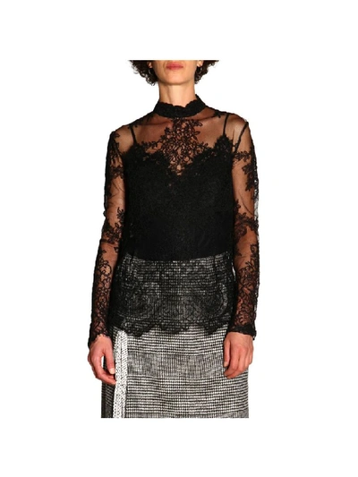 Shop Ermanno Scervino Top Crewneck Sweater With Long Lace Sleeves In Black