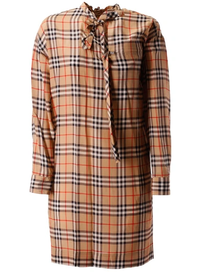 Shop Burberry Checked Tie Dress In Archive Beige