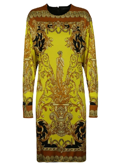 Shop Versace Printed Dress In Caramel/yellow
