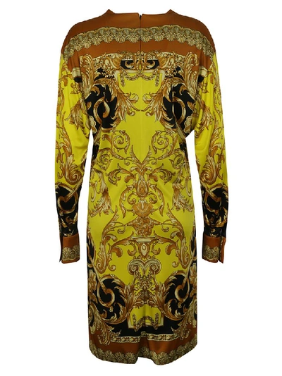 Shop Versace Printed Dress In Caramel/yellow