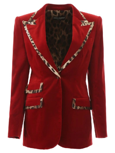 Shop Dolce & Gabbana Velvet Blazer With Animalier Hems In Rosso Sangue Scuro (red)