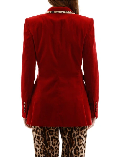 Shop Dolce & Gabbana Velvet Blazer With Animalier Hems In Rosso Sangue Scuro (red)