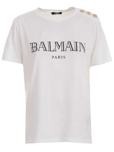 Shop Balmain T-shirt S/s 3 Buttons On Shoulder Vintage Logo In Gab Blanc Noir