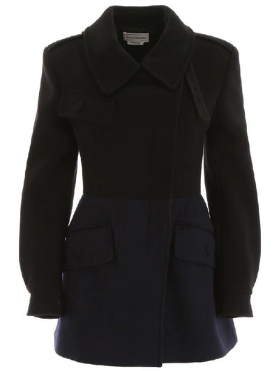 Shop Alexander Mcqueen Bicolor Coat In Black Navy (blue)