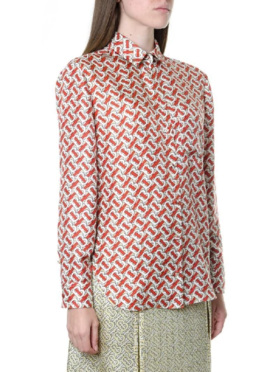 Shop Burberry Red And Beige Silk Shirt With Monogram Print