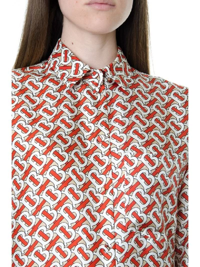 Shop Burberry Red And Beige Silk Shirt With Monogram Print